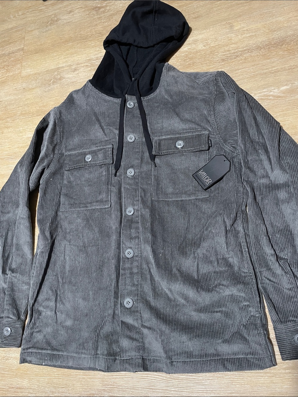 VALOR Charcoal Corduroy Hooded Shirt Jacket - Black Hood